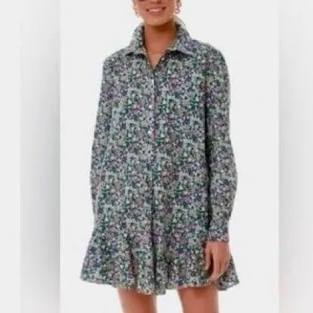 Tuckernuck Floral Tiered Shirt Dress XXL Navy Pink Green Ruffle Hem Long Sleeve